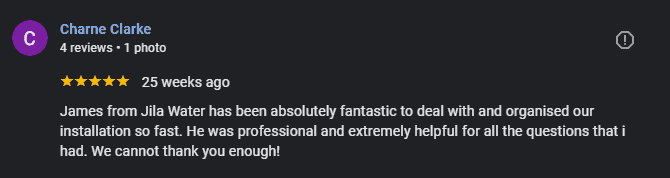 Screenshot of a real Jila Water Google review from a Brisbane homeowner named Charne Clarke