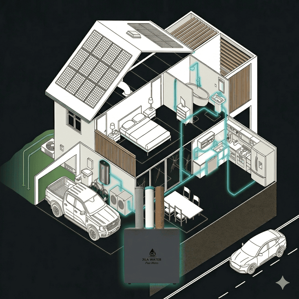 Diagram showing how Jila Water whole-home filtration protects showers, kitchen water, laundry, fixtures, plumbing and appliances