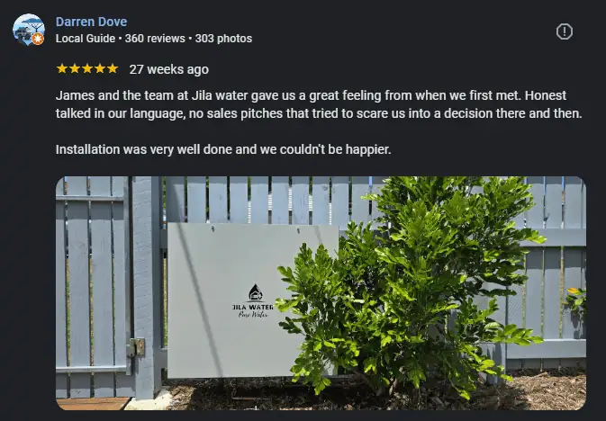 Screenshot of a real Jila Water Google review from Darren Dove about complete home filtration