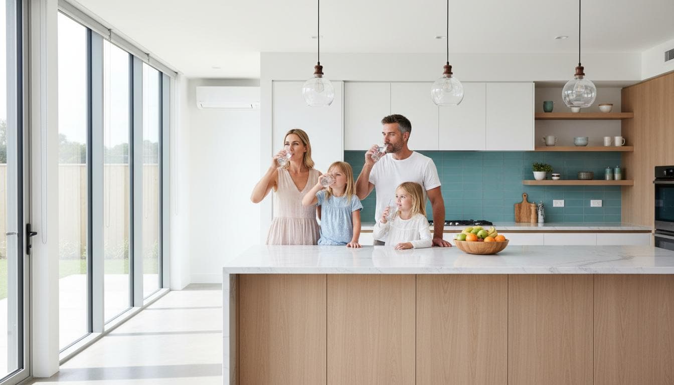 Happy family enjoying filtered water in a bright kitchen at home
