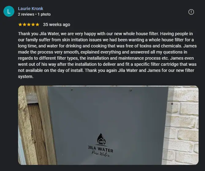 Screenshot of a real Jila Water Google review from Laurie Kronk about Brisbane home water filtration