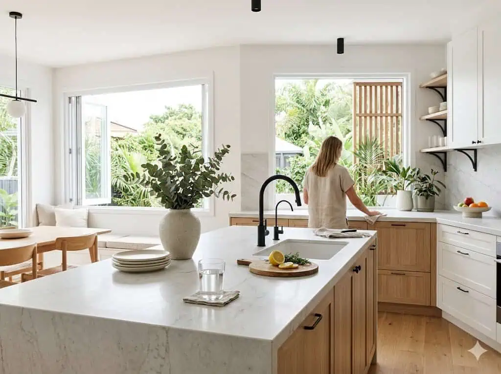 Premium Brisbane kitchen lifestyle showing filtered water at the kitchen tap