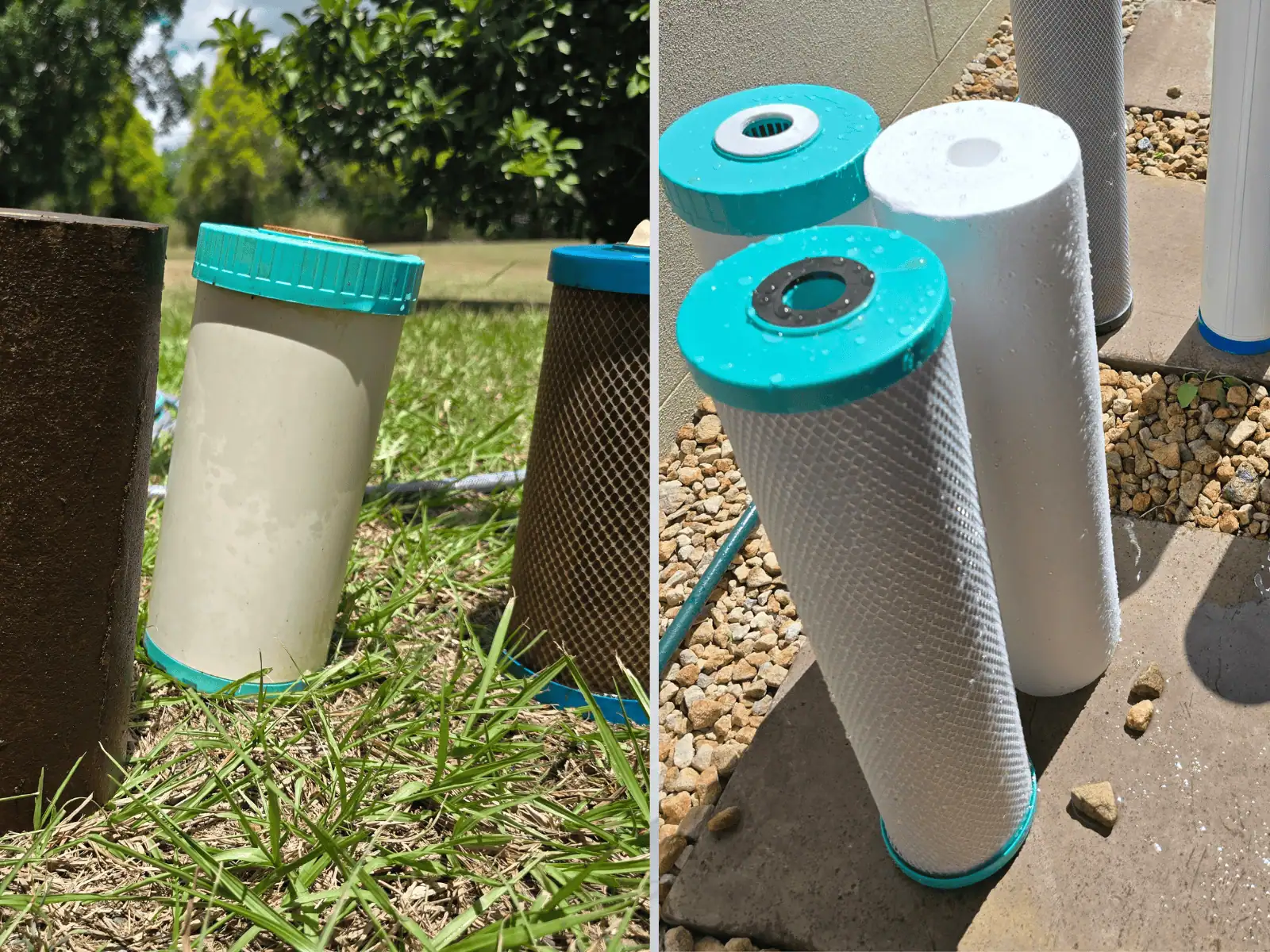 Used replacement filter beside a clean new Jila filter after normal Brisbane water use