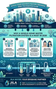 Whole home water filtration infographic for Brisbane and Queensland homes explaining how Jila Water complete home filtration works in 2026