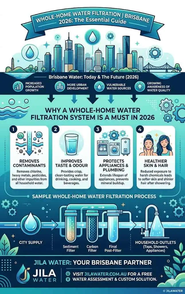 Whole home water filtration infographic for Brisbane and Queensland homes explaining how Jila Water complete home filtration works in 2026