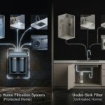 Whole home water filtration compared with under sink filter across shower kitchen and laundry