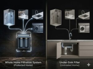 Whole home water filtration compared with under sink filter across shower kitchen and laundry