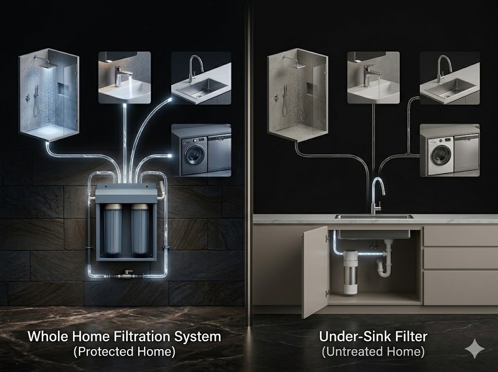 Whole home water filtration compared with under sink filter across shower kitchen and laundry