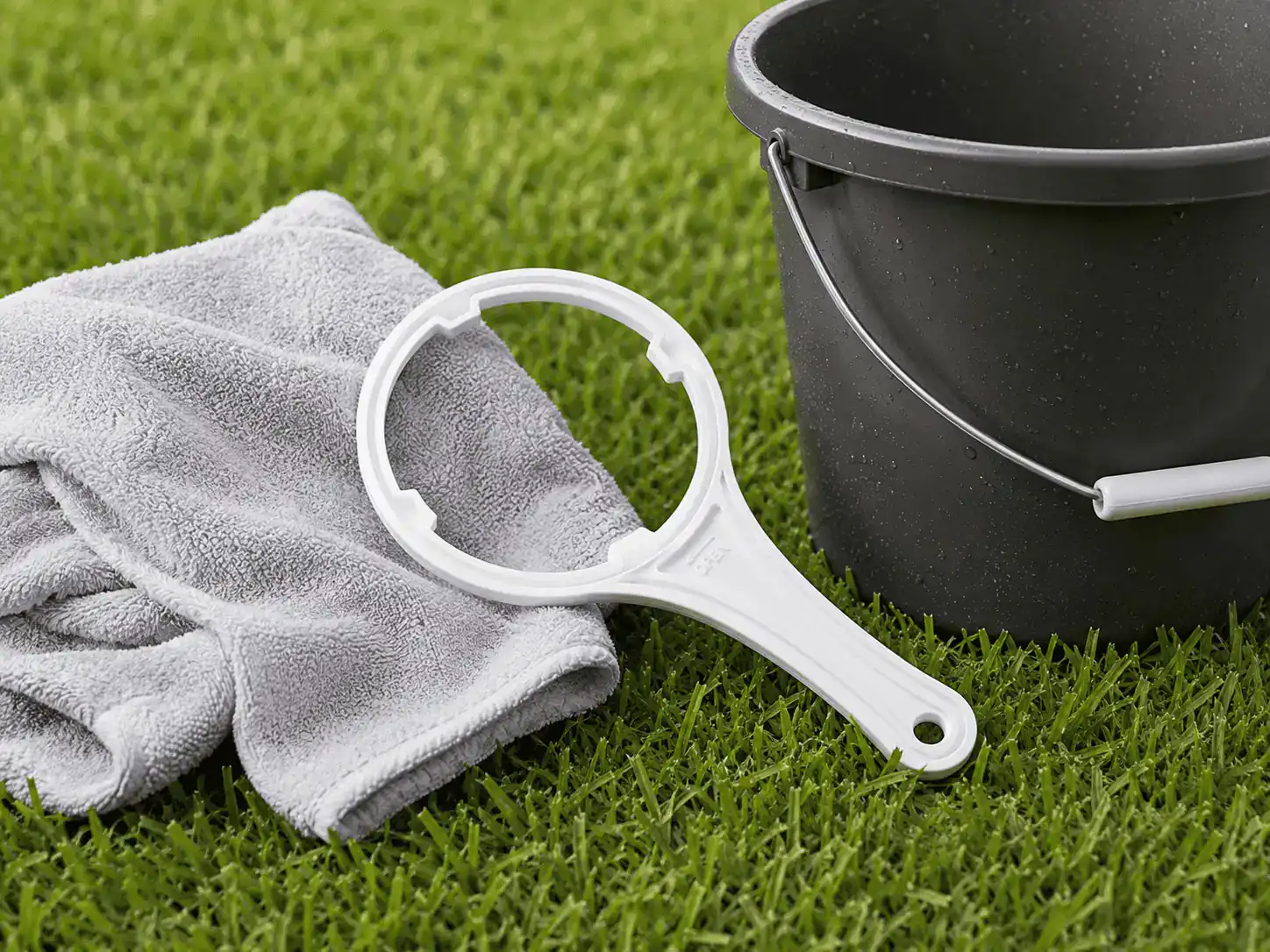 Filter housing wrench bucket and towel prepared for replacing whole house water filter cartridges