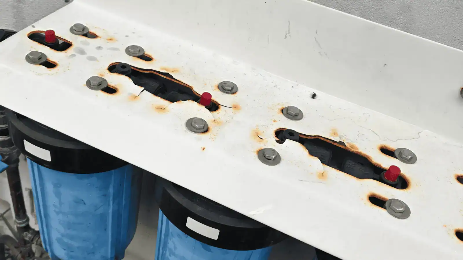 Unprotected outdoor water filtration unit exposed to Australian weather
